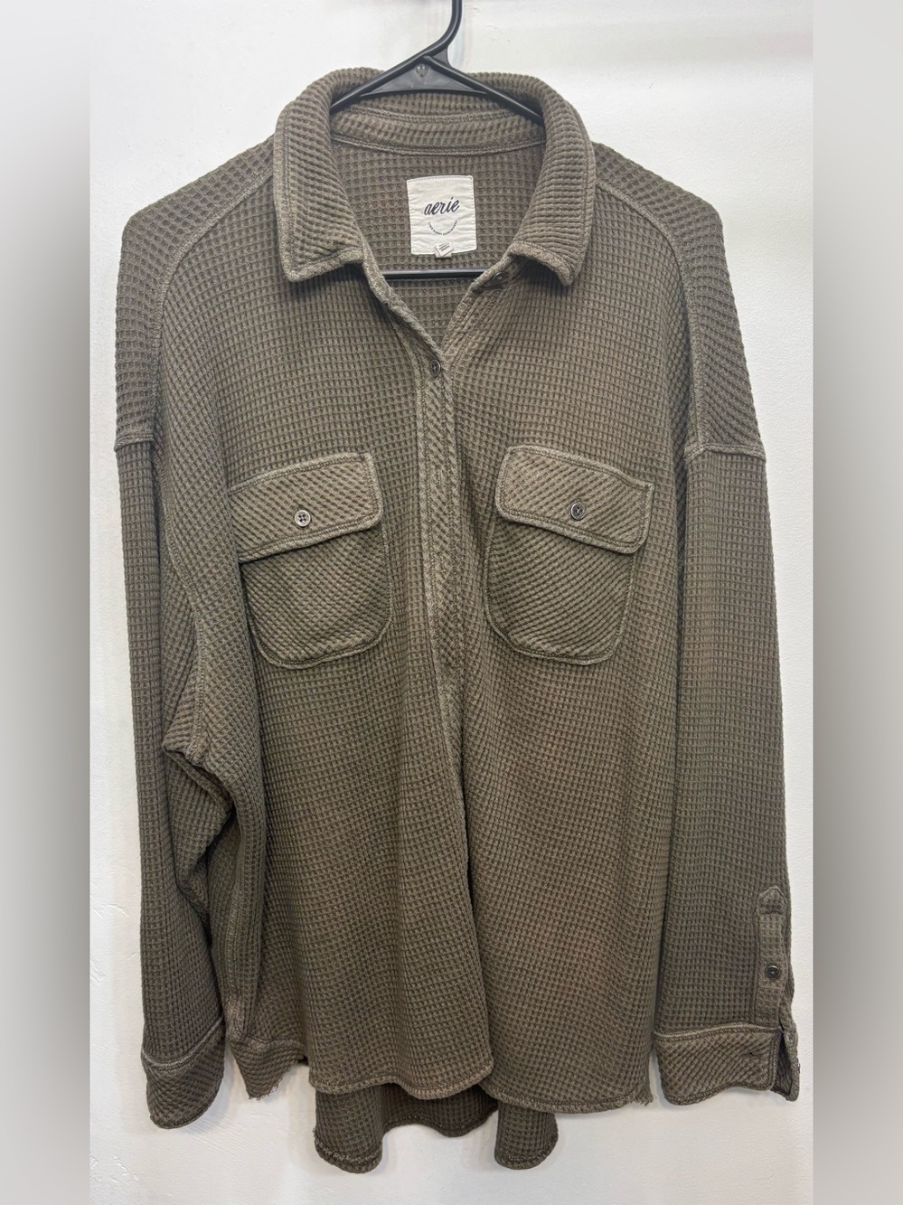 Aerie Olive Green Waffle-Knit Shacket Womens Size Small Layering Fall Cozy Warm